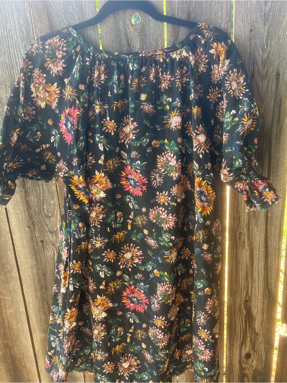 NATURAL LIFE Black Floral Puff-Sleeve Dress with Pink and Mustard Blooms